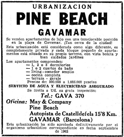 Anunci de Pine Beach de Gav Mar publicat al diari La Vanguardia el 26 de Mar de 1966 on es recorda que aquesta urbanitzaci est aprovada des de setembre de 1962